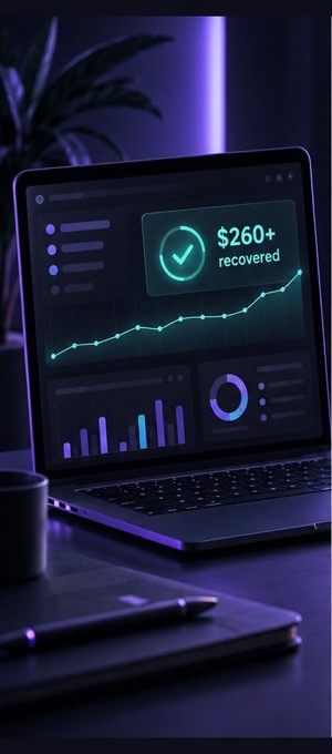 Illustrative ClaimBot dashboard concept showing more than 260 dollars recovered