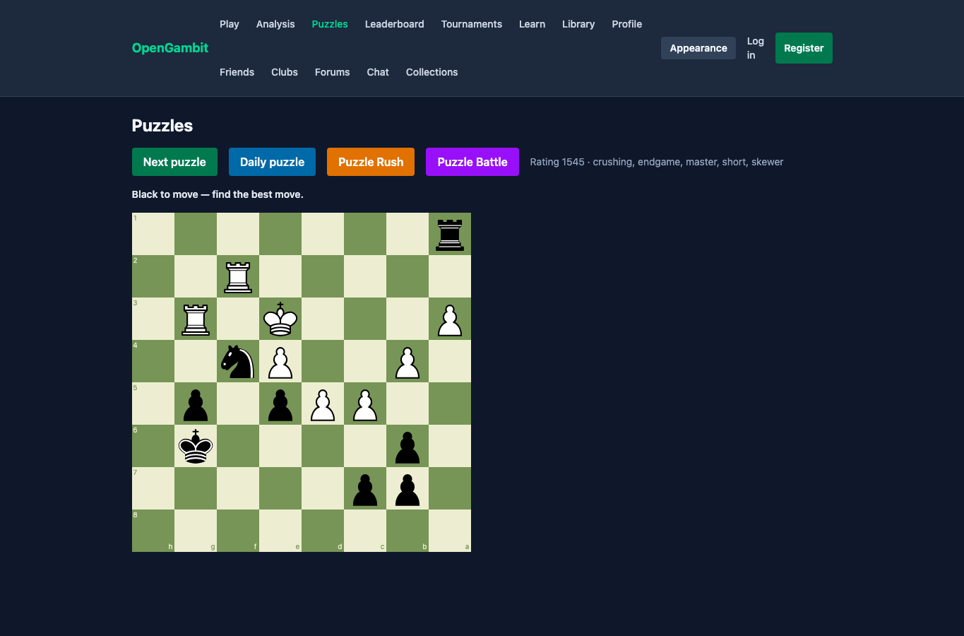 OpenGambit puzzle screen showing a chess position, puzzle controls, and navigation for play, analysis, puzzles, and learning